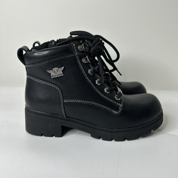 Motorcycle Ankle Boots Women’s 8 Zipper Black Lace-up Biker Boots Low Heel - Picture 7 of 8